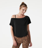 One Shoulder Short Sleeve Curved Hem High Low Built-in Bra Quick Dry Yoga Sports Top — Black — view 3