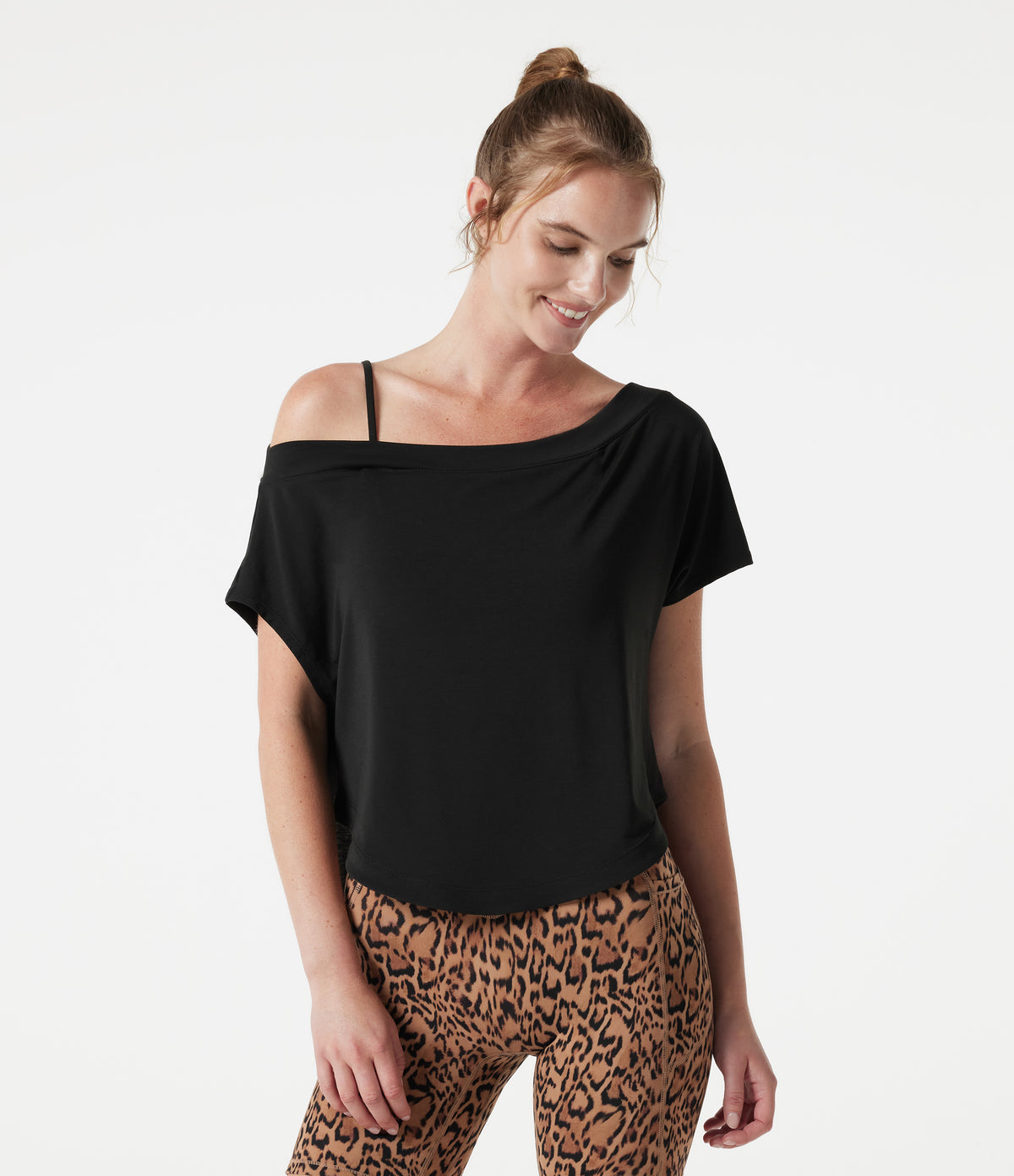 One Shoulder Short Sleeve Curved Hem High Low Built-in Bra Quick Dry Yoga Sports Top — Black — view 3
