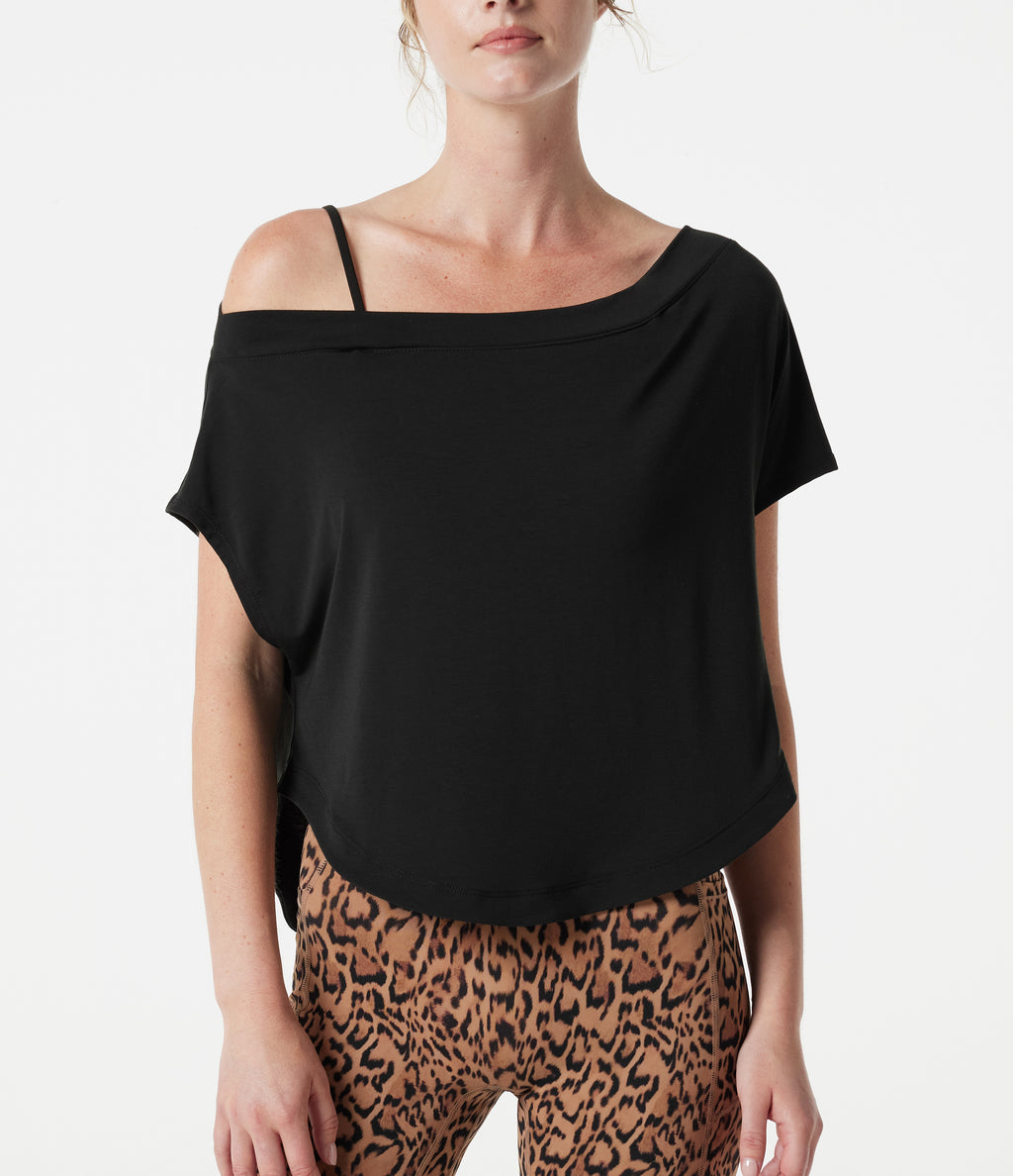 One Shoulder Short Sleeve Curved Hem High Low Built-in Bra Quick Dry Yoga Sports Top — Black — view 6