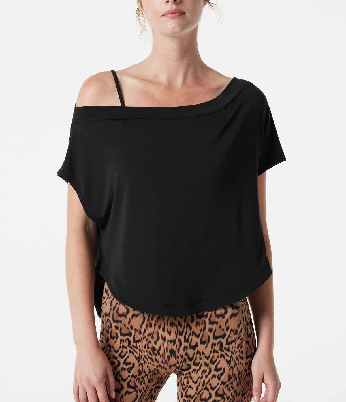 One Shoulder Short Sleeve Curved Hem High Low Built-in Bra Quick Dry Yoga Sports Top — Black — view 6