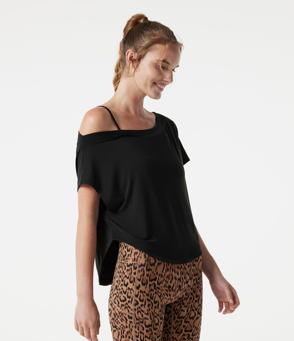 One Shoulder Short Sleeve Curved Hem High Low Built-in Bra Quick Dry Yoga Sports Top — Black — view 4