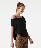 One Shoulder Short Sleeve Curved Hem High Low Built-in Bra Quick Dry Yoga Sports Top — Black — view 4