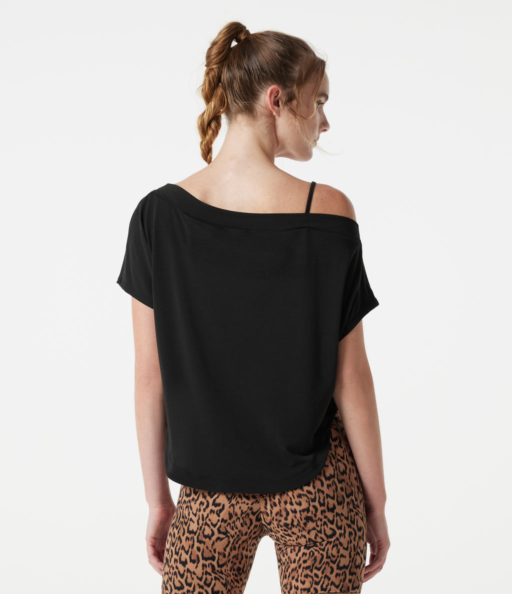 One Shoulder Short Sleeve Curved Hem High Low Built-in Bra Quick Dry Yoga Sports Top — Black — view 2