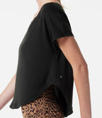 One Shoulder Short Sleeve Curved Hem High Low Built-in Bra Quick Dry Yoga Sports Top — Black — view 7