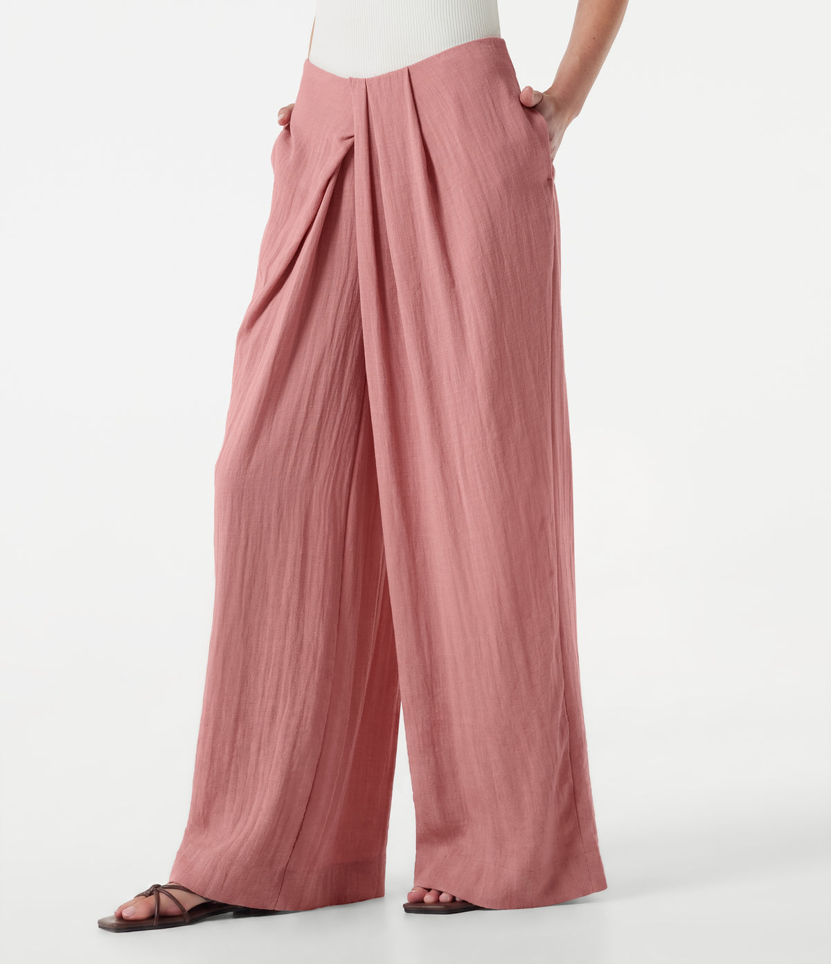 Mid Rise Baggy Casual Linen-Feel Trousers with Pockets — Rosette — view 1