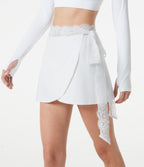 Plush Mid Rise Contrast Mesh Tie Side Wrapped Mini Workout Skirt — White — view 4