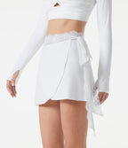 Plush Mid Rise Contrast Mesh Tie Side Wrapped Mini Workout Skirt — White — view 3
