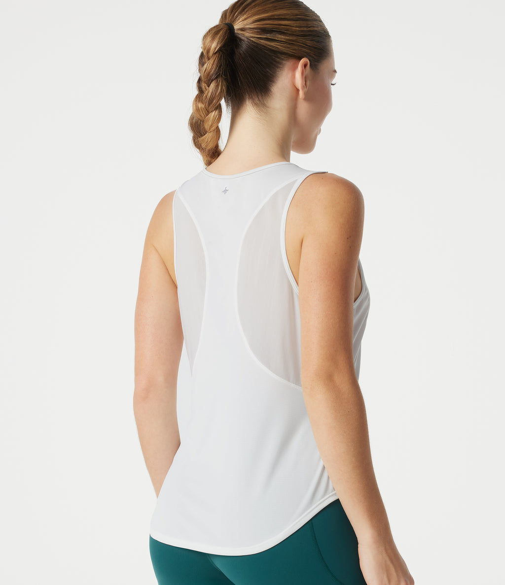 Round Neck Contrast Mesh Curved Hem Workout Tank Top — White — view 1
