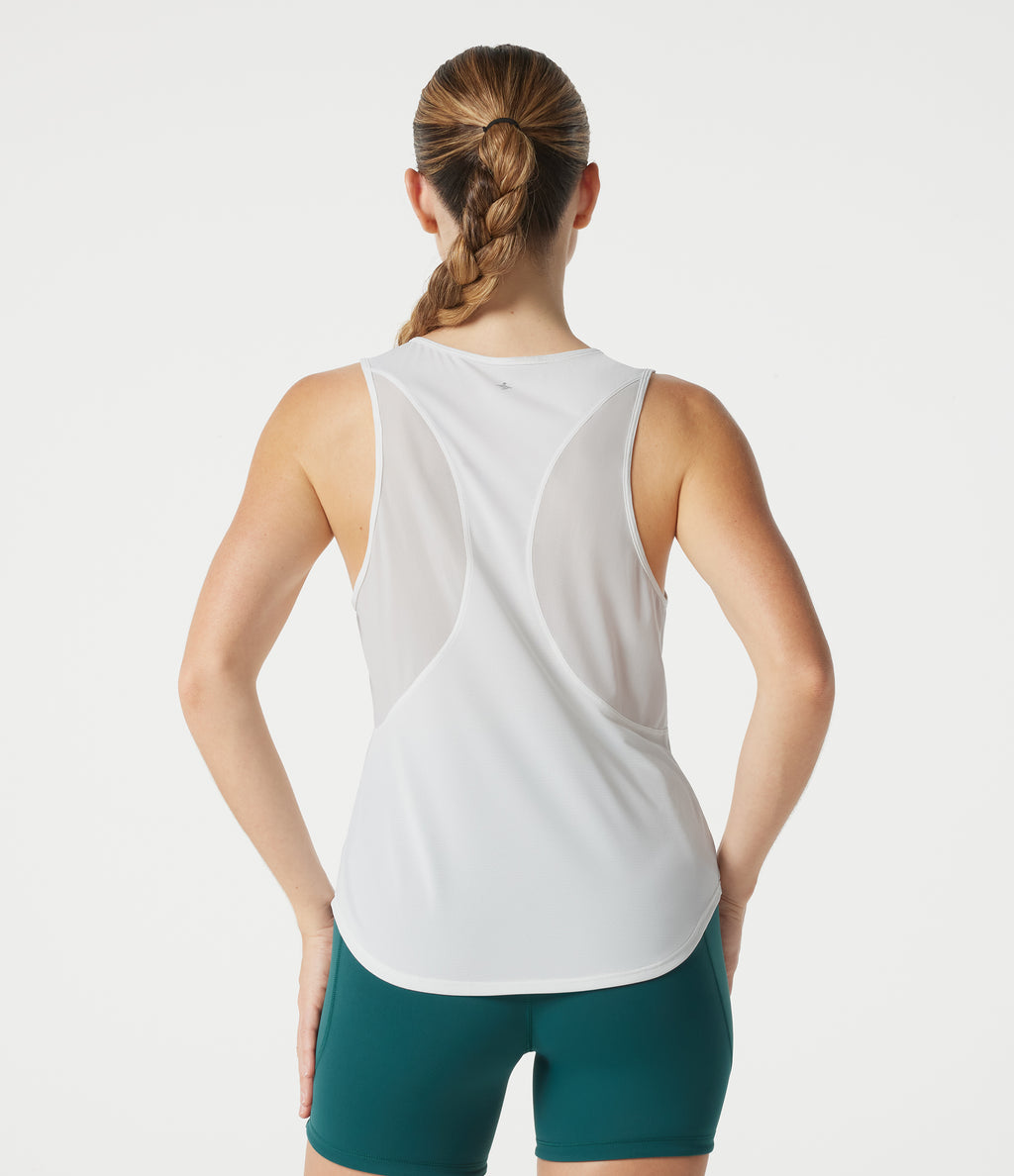Round Neck Contrast Mesh Curved Hem Workout Tank Top — White — view 4