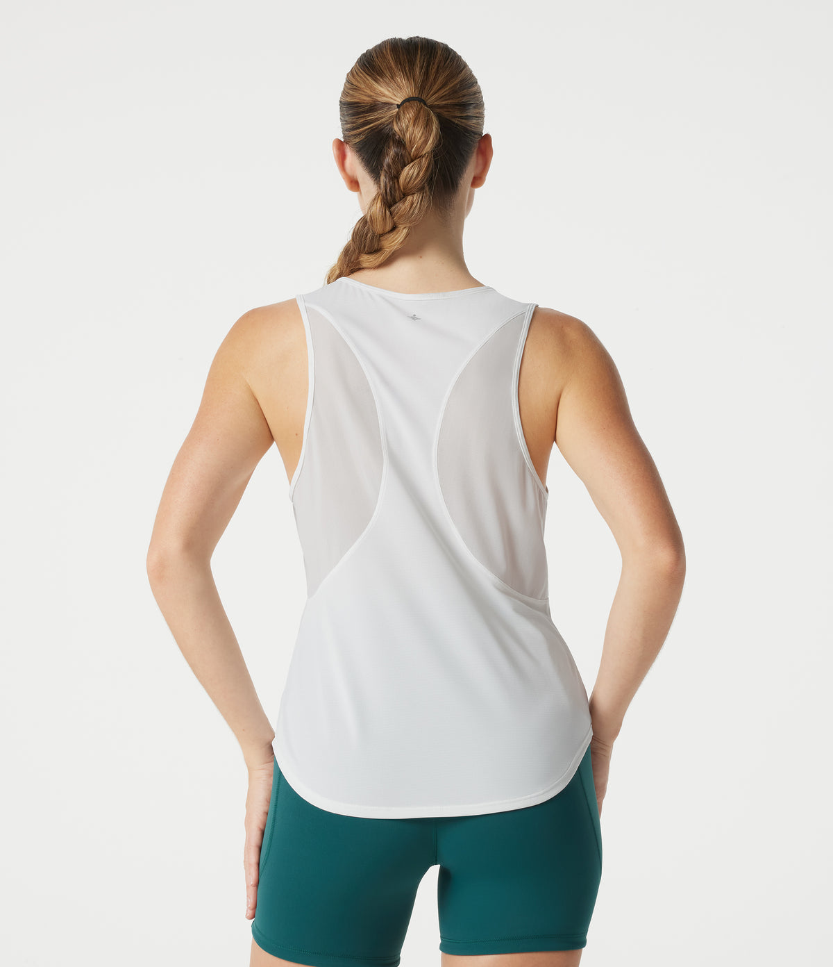 Round Neck Contrast Mesh Curved Hem Workout Tank Top — White — view 4