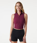 Stand Collar Zipper Curved Hem Running Tank Top — Red Plum — view 3