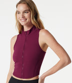 Stand Collar Zipper Curved Hem Running Tank Top — Red Plum — view 1