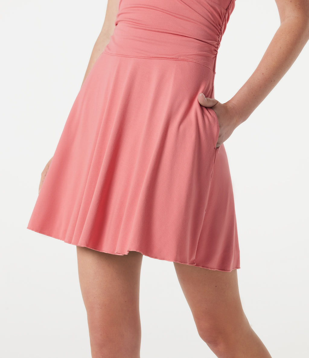 Deep V Neck Halter Built-in Bra Ruched Mini Casual Dress with Pockets — Lantana — view 6
