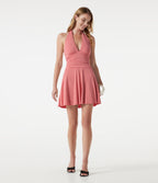 Deep V Neck Halter Built-in Bra Ruched Mini Casual Dress with Pockets — Lantana — view 8