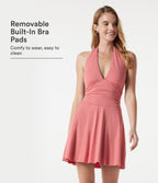 Deep V Neck Halter Built-in Bra Ruched Mini Casual Dress with Pockets — Lantana — view 1
