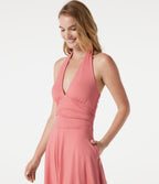 Deep V Neck Halter Built-in Bra Ruched Mini Casual Dress with Pockets — Lantana — view 5