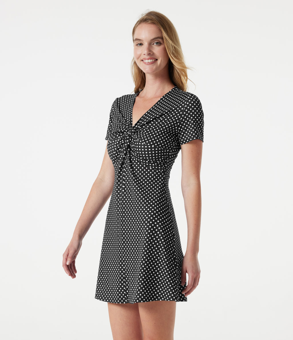 V Neck Short Sleeve Polka Dot Mini Casual Dress — Midnight Dots — view 4