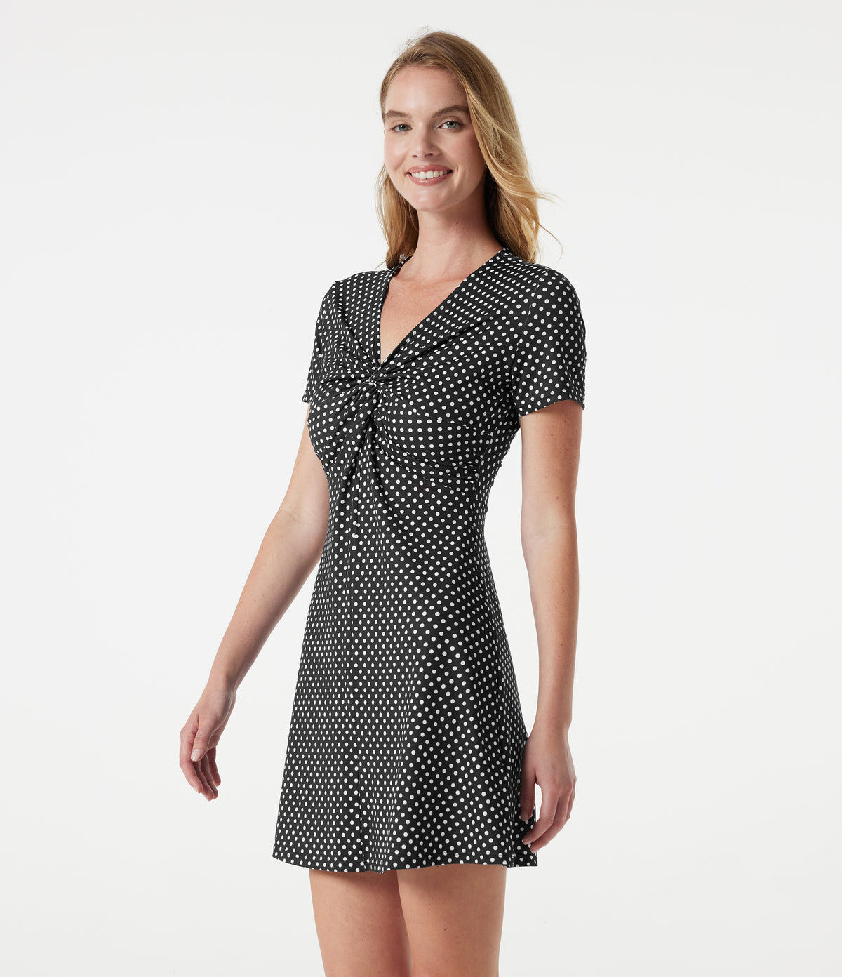 V Neck Short Sleeve Polka Dot Mini Casual Dress — Midnight Dots — view 4