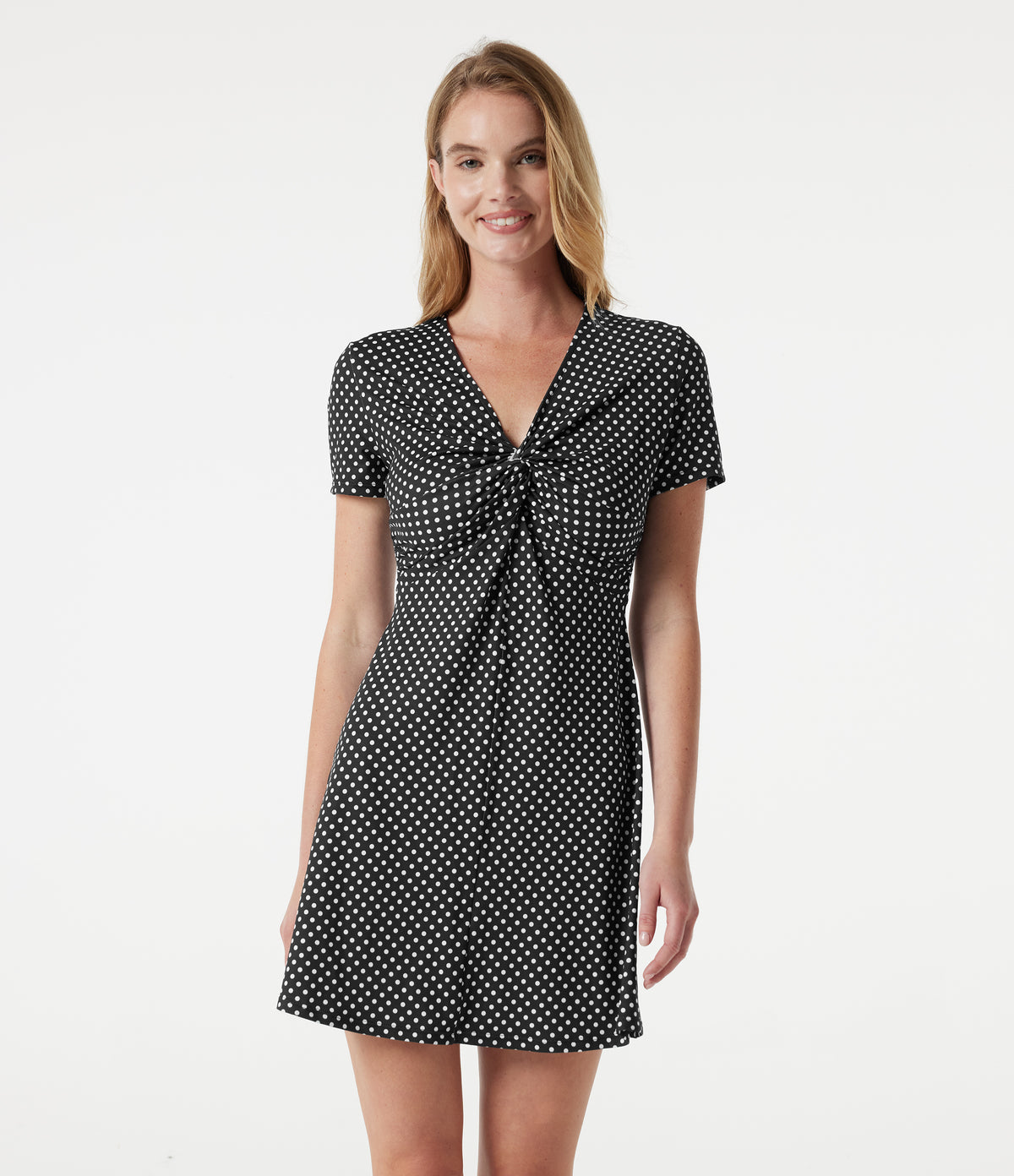 V Neck Short Sleeve Polka Dot Mini Casual Dress — Midnight Dots — view 1