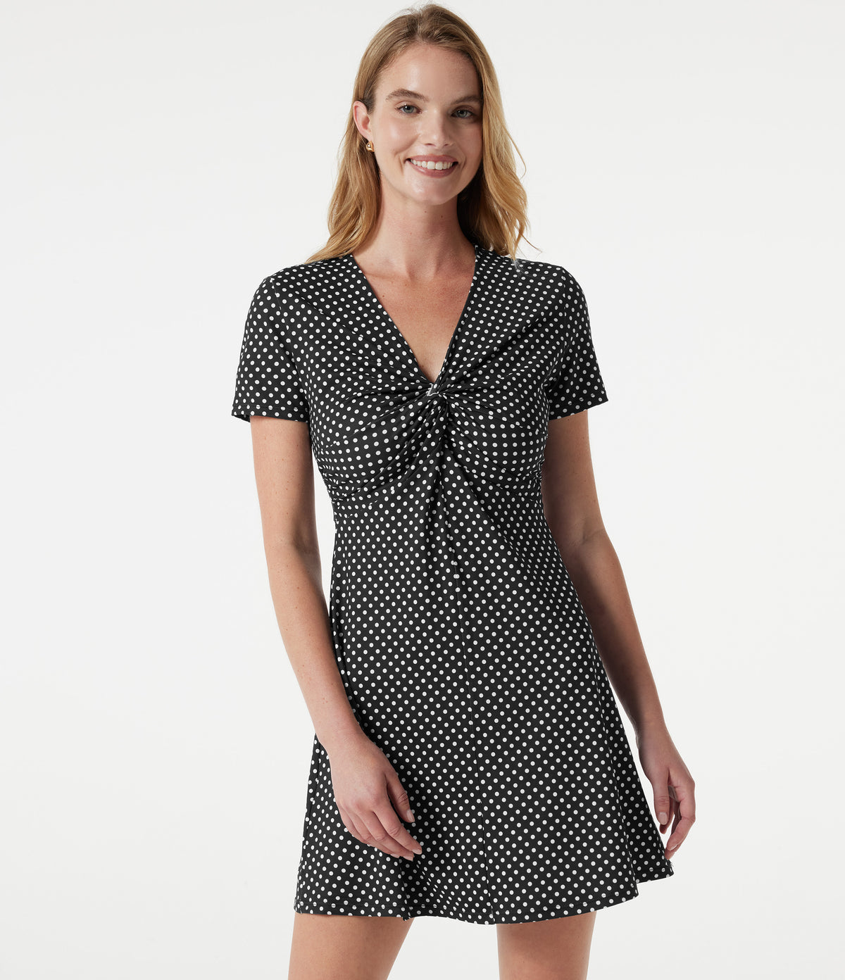 V Neck Short Sleeve Polka Dot Mini Casual Dress — Midnight Dots — view 5