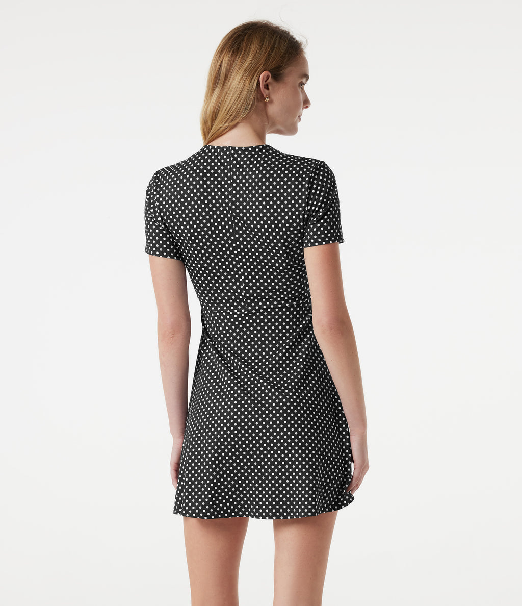 V Neck Short Sleeve Polka Dot Mini Casual Dress — Midnight Dots — view 3