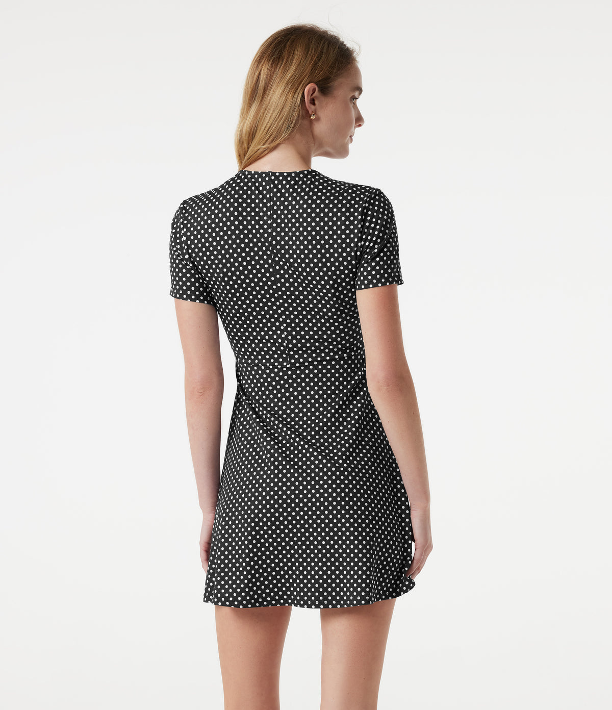 V Neck Short Sleeve Polka Dot Mini Casual Dress — Midnight Dots — view 3