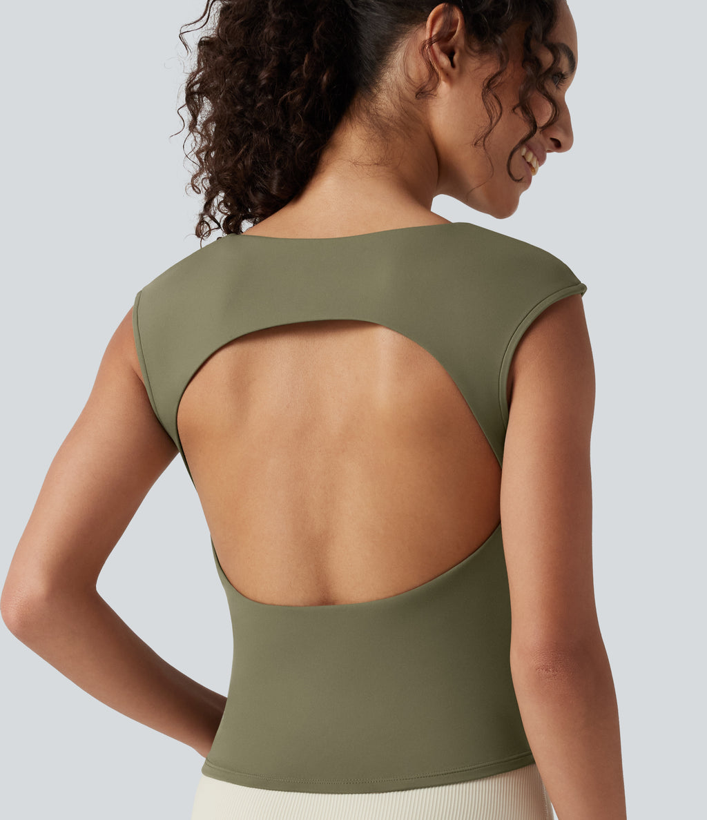 Airy Boat Neck Cut Out Built-in Bra Ruched InstantCool Yoga Tank Top — Withered Green — view 6