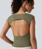 Airy Boat Neck Cut Out Built-in Bra Ruched InstantCool Yoga Tank Top — Withered Green — view 6