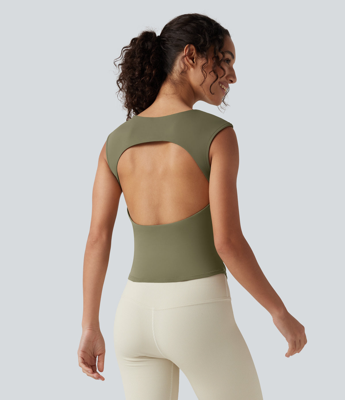 Airy Boat Neck Cut Out Built-in Bra Ruched InstantCool Yoga Tank Top — Withered Green — view 2