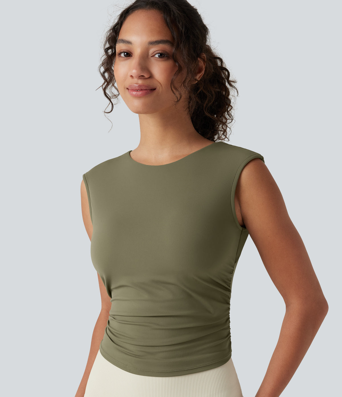 Airy Boat Neck Cut Out Built-in Bra Ruched InstantCool Yoga Tank Top — Withered Green — view 5
