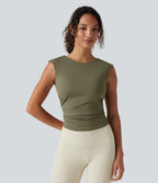 Airy Boat Neck Cut Out Built-in Bra Ruched InstantCool Yoga Tank Top — Withered Green — view 3