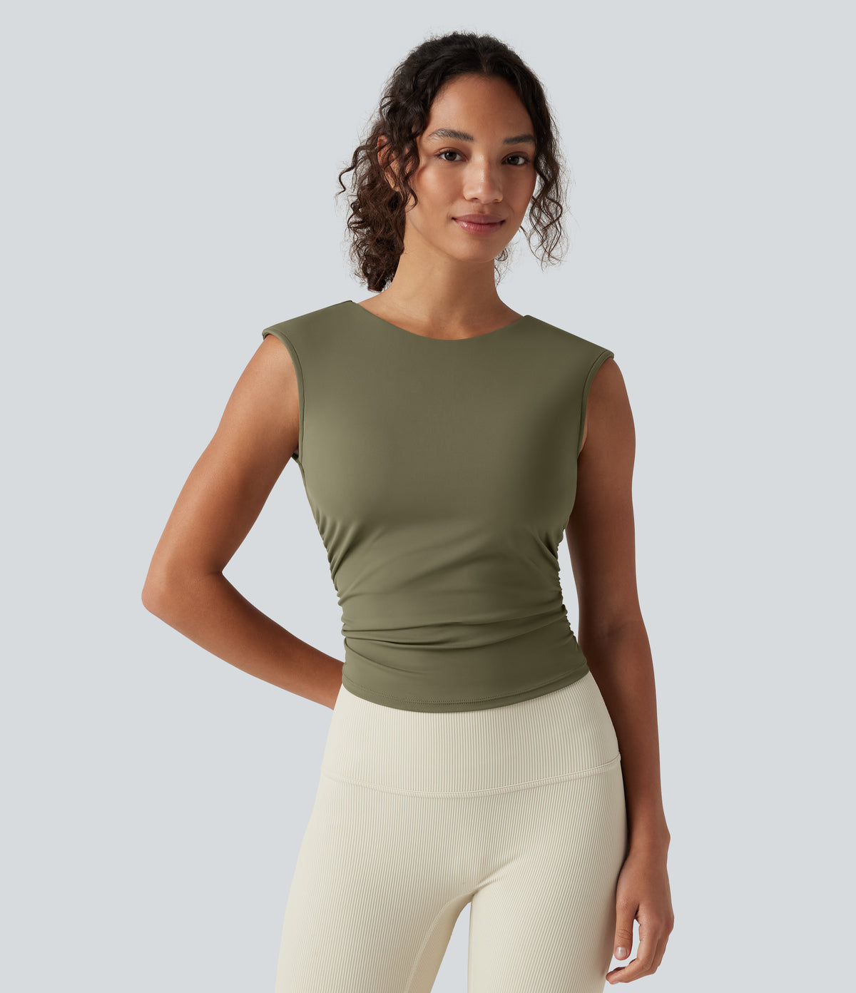 Airy Boat Neck Cut Out Built-in Bra Ruched InstantCool Yoga Tank Top — Withered Green — view 3