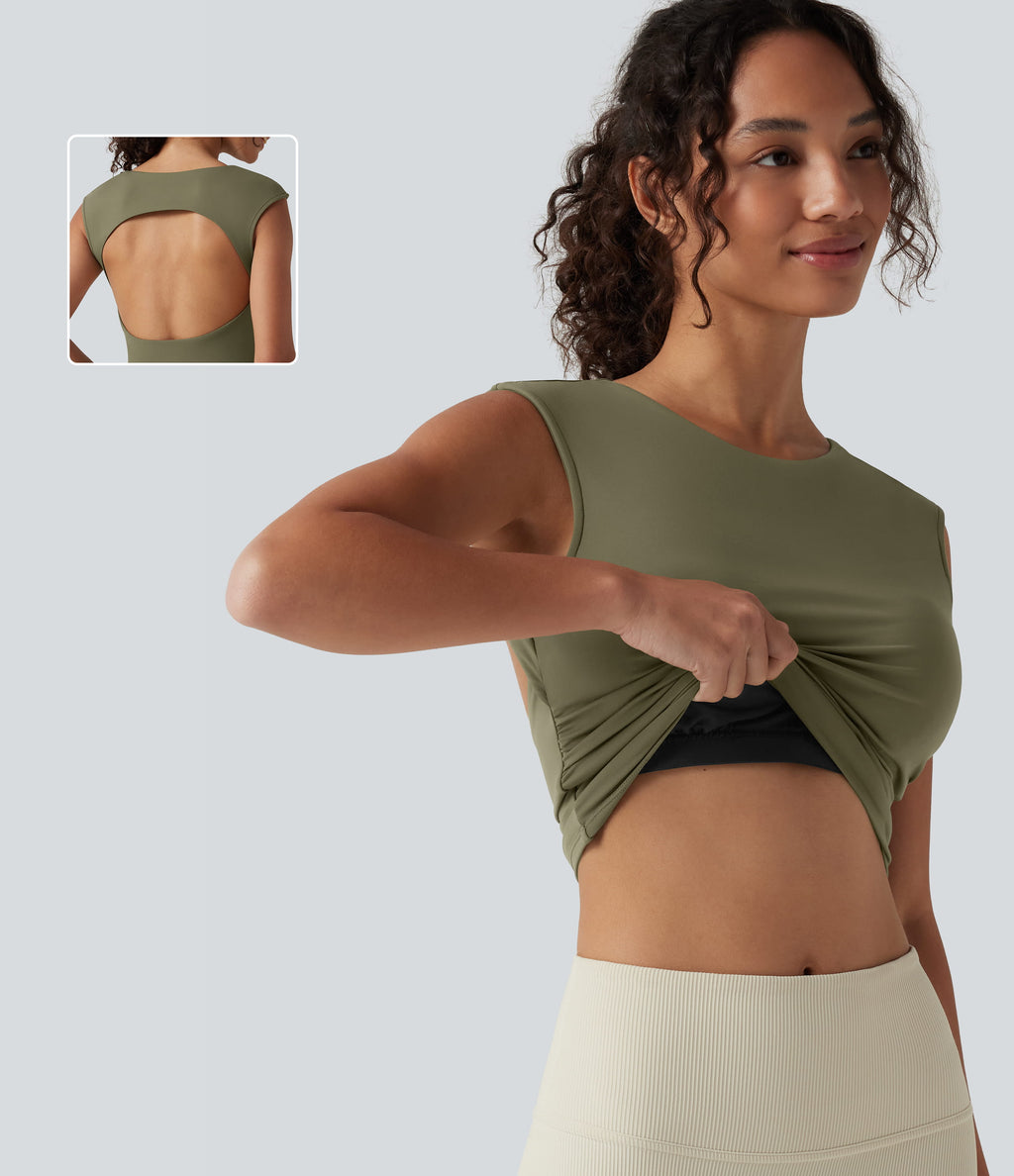 Airy Boat Neck Cut Out Built-in Bra Ruched InstantCool Yoga Tank Top — Withered Green — view 1