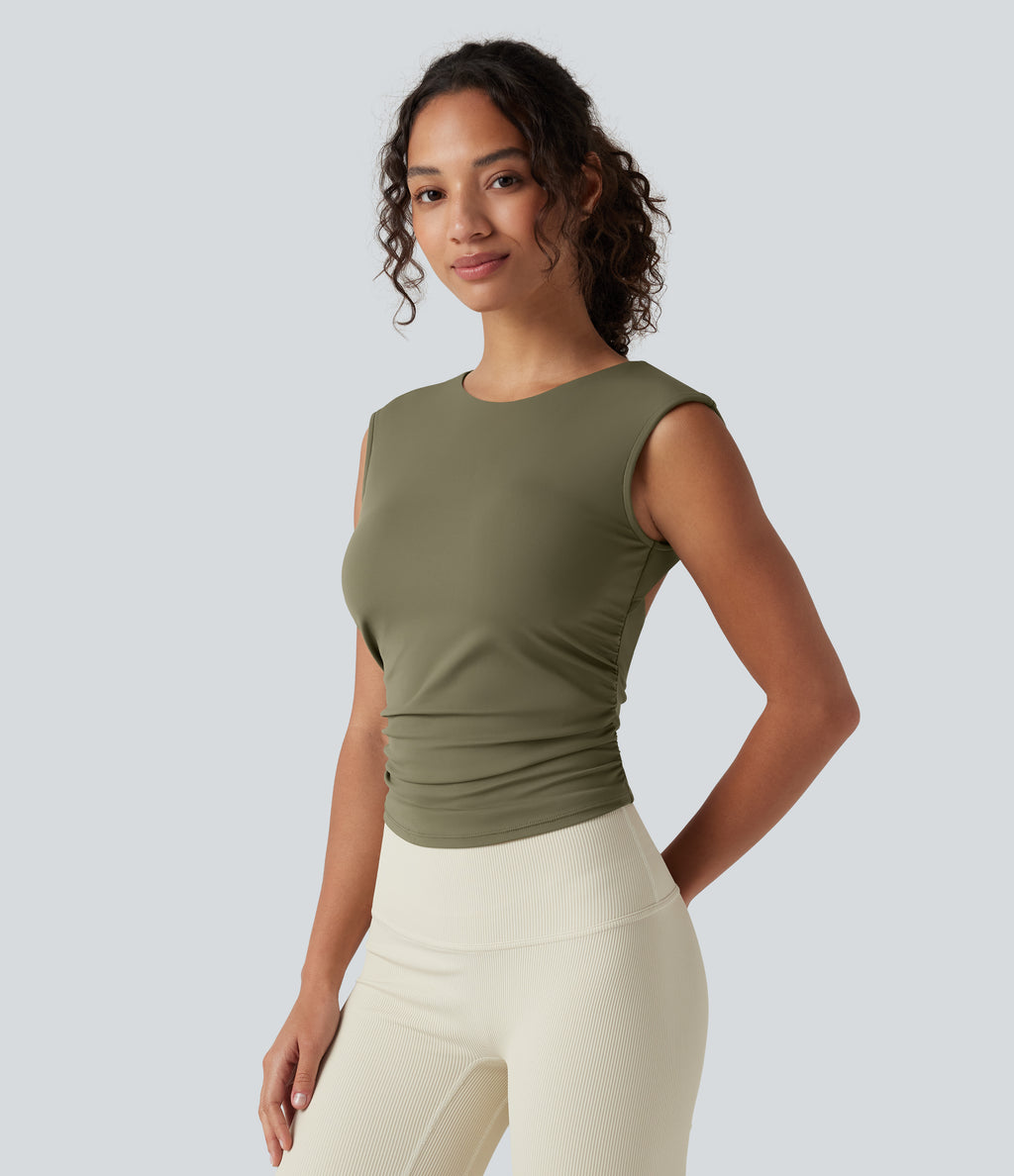 Airy Boat Neck Cut Out Built-in Bra Ruched InstantCool Yoga Tank Top — Withered Green — view 4