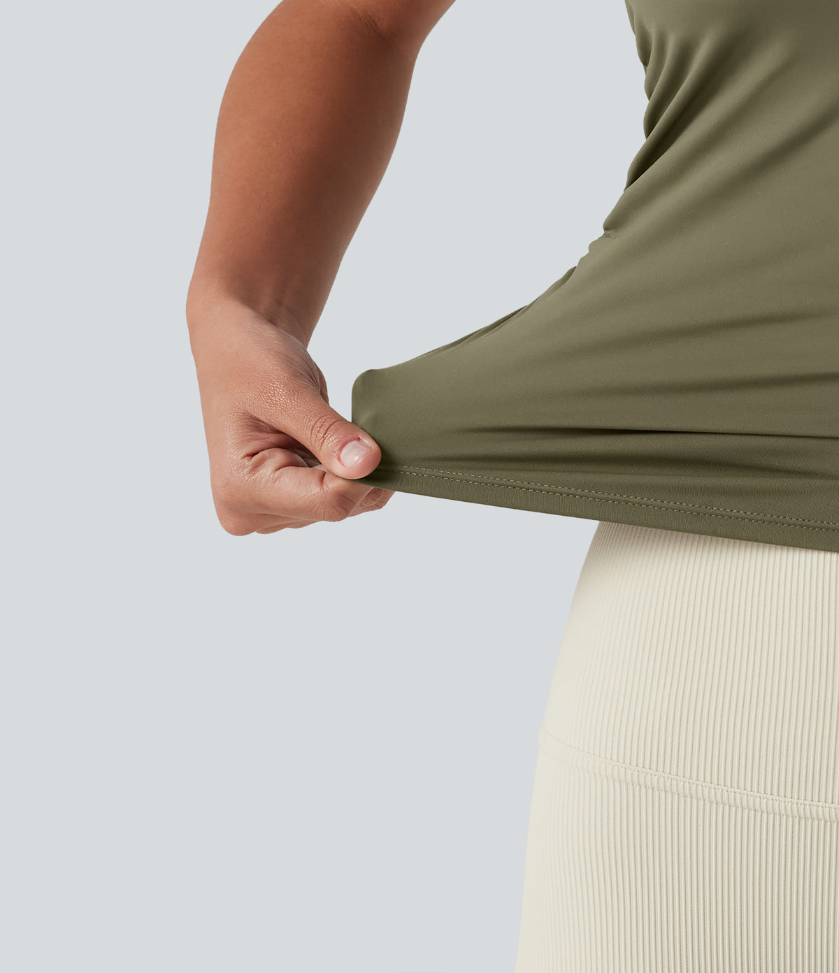 Airy Boat Neck Cut Out Built-in Bra Ruched InstantCool Yoga Tank Top — Withered Green — view 7