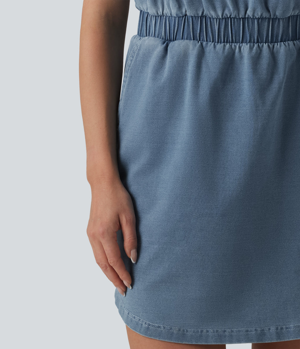 Denim Round Neck Sleeveless Curved Hem Mini Casual Dress with Pockets — Malibu Blue Denim — view 5