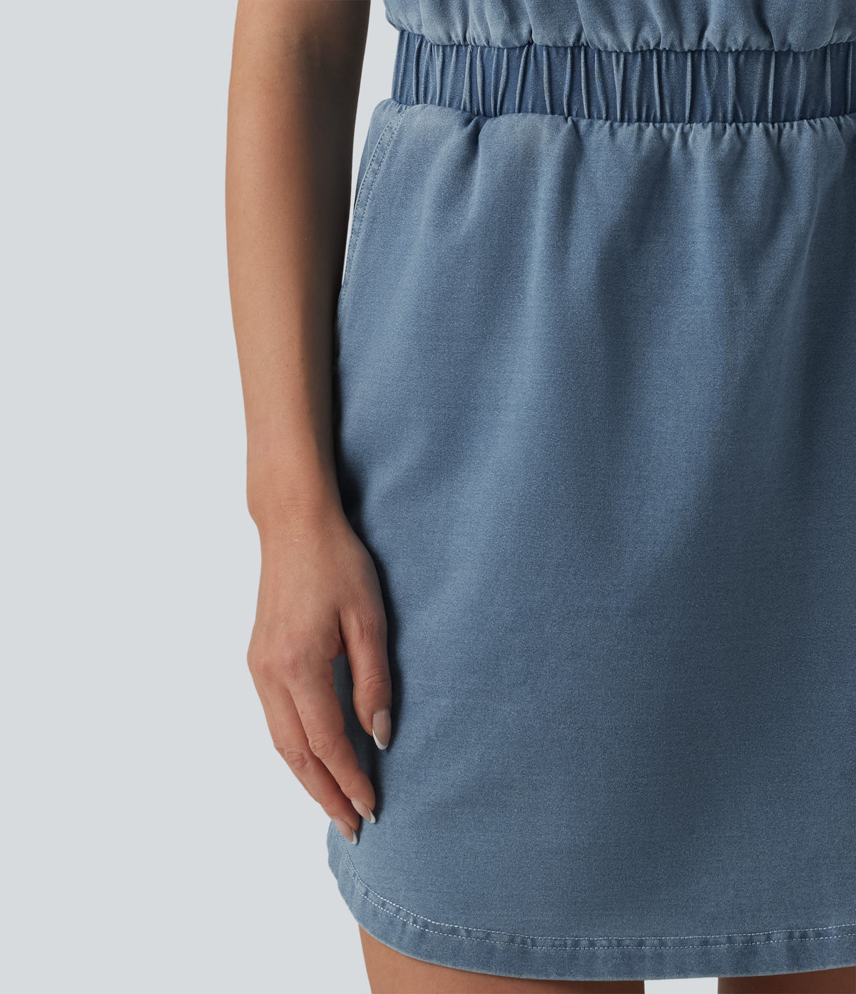 Denim Round Neck Sleeveless Curved Hem Mini Casual Dress with Pockets — Malibu Blue Denim — view 5