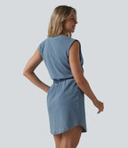 Denim Round Neck Sleeveless Curved Hem Mini Casual Dress with Pockets — Malibu Blue Denim — view 2