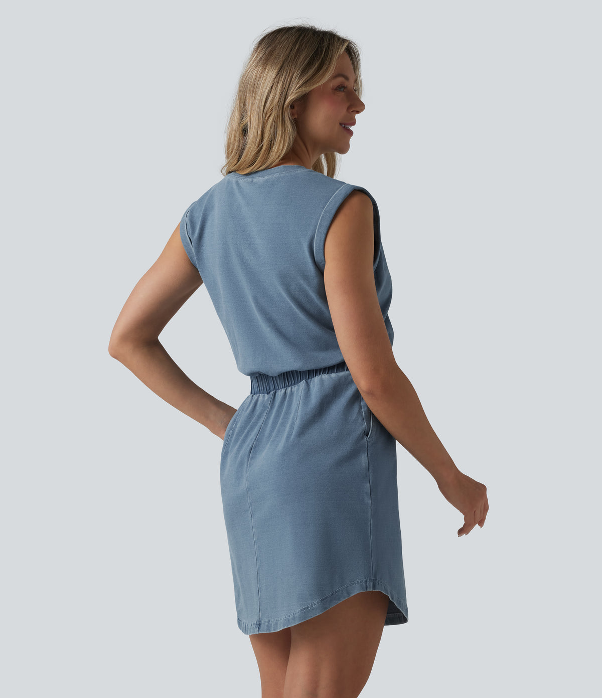 Denim Round Neck Sleeveless Curved Hem Mini Casual Dress with Pockets — Malibu Blue Denim — view 2