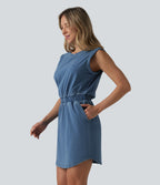 Denim Round Neck Sleeveless Curved Hem Mini Casual Dress with Pockets — Tide Blue Denim — view 8