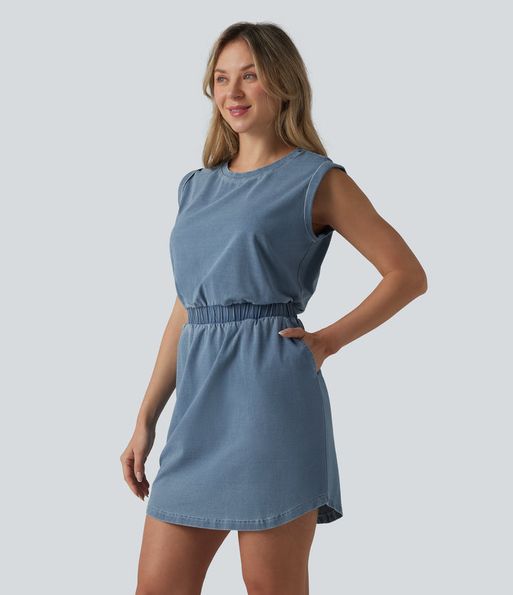 Denim Round Neck Sleeveless Curved Hem Mini Casual Dress with Pockets — Malibu Blue Denim — view 1
