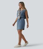 Denim Round Neck Sleeveless Curved Hem Mini Casual Dress with Pockets — Malibu Blue Denim — view 6