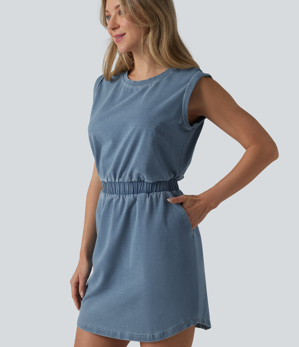Denim Round Neck Sleeveless Curved Hem Mini Casual Dress with Pockets — Malibu Blue Denim — view 4