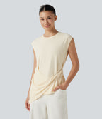 Round Neck Cap Sleeve Asymmetric Twisted Hem Casual Top — Antique White — view 4