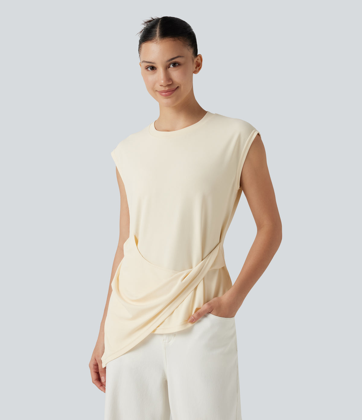 Round Neck Cap Sleeve Asymmetric Twisted Hem Casual Top — Antique White — view 4