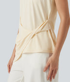 Round Neck Cap Sleeve Asymmetric Twisted Hem Casual Top — Antique White — view 5