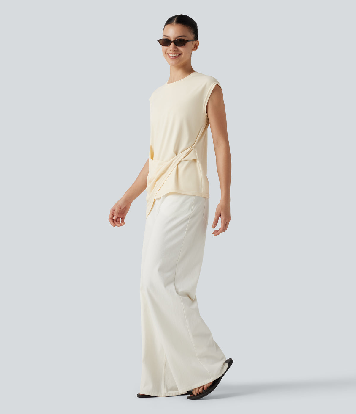Round Neck Cap Sleeve Asymmetric Twisted Hem Casual Top — Antique White — view 6