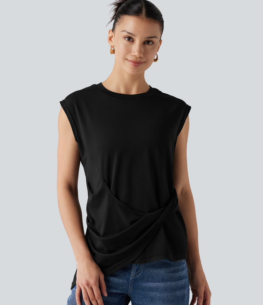 Round Neck Cap Sleeve Asymmetric Twisted Hem Casual Top — Black — view 7