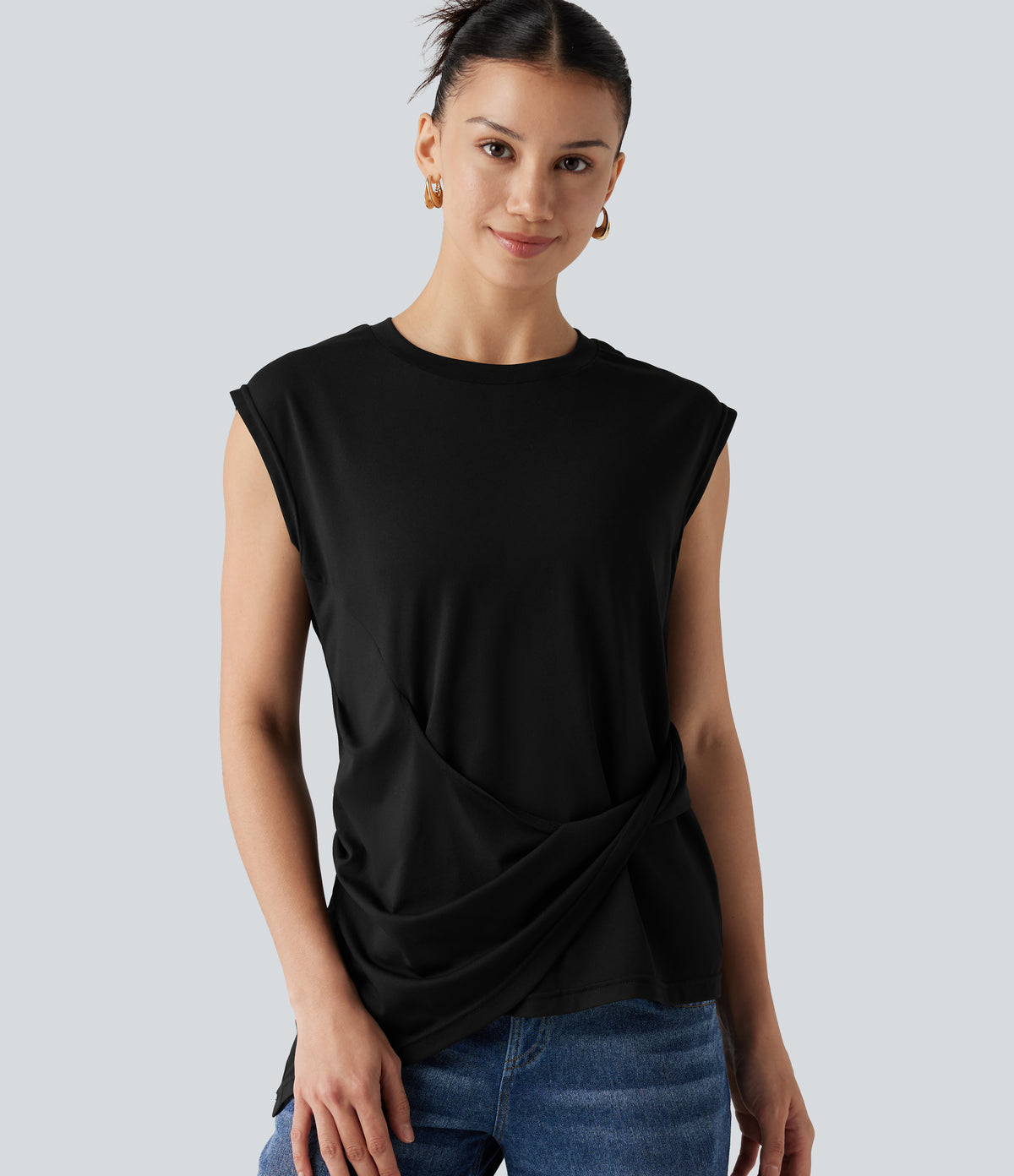 Round Neck Cap Sleeve Asymmetric Twisted Hem Casual Top — Black — view 7