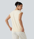 Round Neck Cap Sleeve Asymmetric Twisted Hem Casual Top — Antique White — view 2